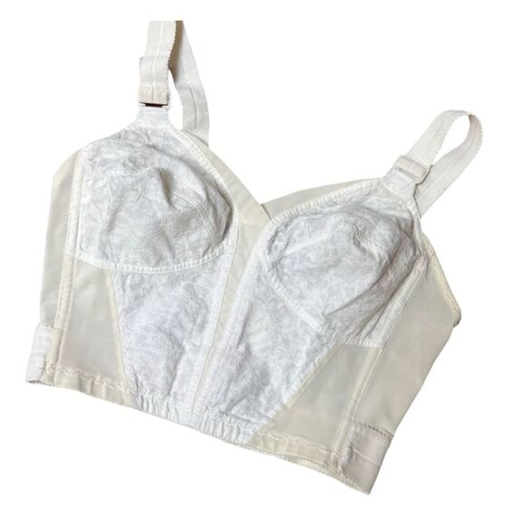 Vintage 1950s Ivory Lace Sheer Panel Long Line Soft Cup Bra Corset Bustier 38B - Picture 1 of 13